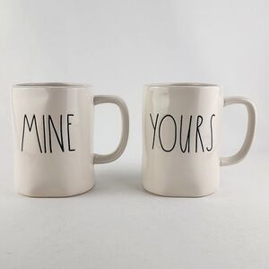 RAE DUNN Artisan Collection 2 White Mugs Black Large Letters YOURS & MINE
